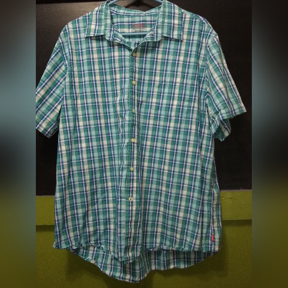 Izod Teal and White Plaid Casual Shirt
